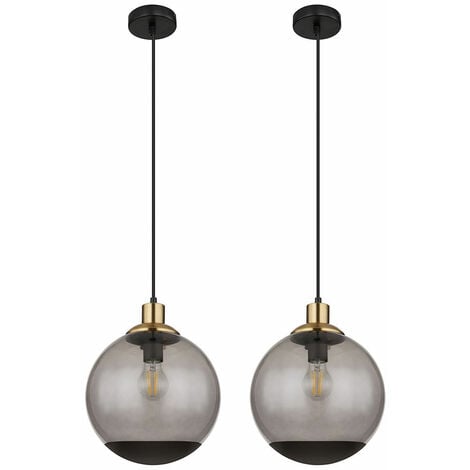 Suspension lampe suspension verre moderne verre fumé suspension noir, métal boule de verre laiton rétro, 1x douille E27, DxH 25x120 cm, lot de 2