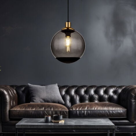 Suspension lampe suspension verre moderne verre fumé suspension noir, métal boule de verre laiton rétro, 1x douille E27, DxH 25x120 cm, lot de 2