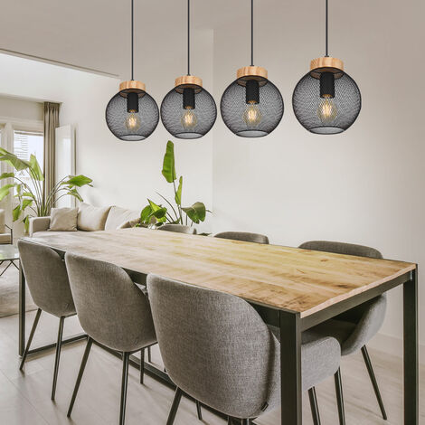 Etc-Shop – Suspension en métal noir avec 4 douilles E27 – Dimensions 95x20x120 cm – Ajustable pour éclairage personnalisé – Design cage en bois (1/5)