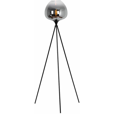 Lampadaire trépied lampadaire salon, verre fumé, métal noir, 1x E27, DxH  65x145 cm