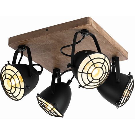 Plafonnier, lampe en bois, noir, lampe de salle à manger, maison de campagne, spot de plafond, 4 flammes, bande de spot orientable, métal mat, 4x E14, LxlxH 30x30x20,5 cm