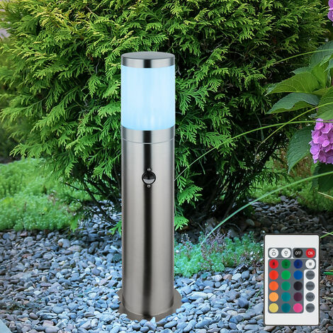 Borne E27 lampadaire terrasse lumière extérieure détecteur de mouvement Etanche IP44, acier inoxydable, télécommande dimmable, 1x LED RGB 8,5W 806Lm, DxH 14x50 cm