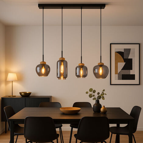 Globo – Suspension lampe salle à manger 4 flammes – Verre fumé et métal noir – 4x douilles E27 – Longueur 96 cm, largeur 23 cm, hauteur 120 cm (1/5)