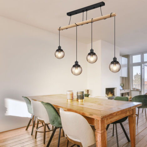 Suspension 4 flammes suspension table à manger lampe en bois lampe de salon en verre à régler, métal plastique, brun noir, 4x douilles E27, LxPxH 95x15x165 cm