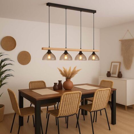 Suspension LED en bois avec 4 flammes – Poutre en bois 96cm – Verre fumé et métal noir mat – 4x E14 4W 350lm blanc chaud – LxlxH 96x17x150cm