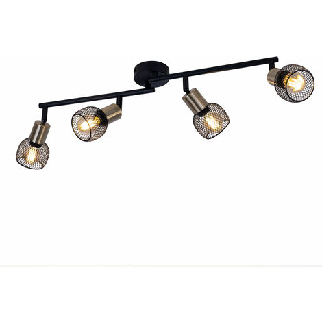 Plafonnier Lampe de salon Plafonnier Spot strip 4 flammes Grille écrans, métal, or noir, 4x douilles E14, LxPxH 60x8x15 cm (1/5)
