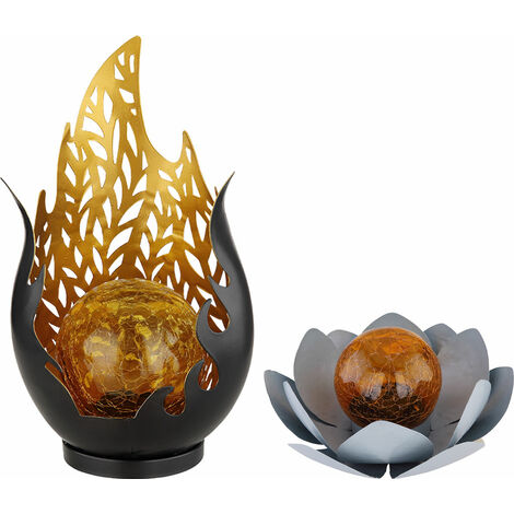 Lampe solaire flamme design extérieur fleur solaire extérieur fleur de lotus verre craquelé solaire, gris, ampoules LED, 1x fleur de lotus 1x design flamme, lot de 2