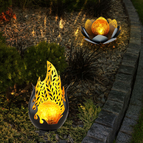 Lampe solaire flamme design extérieur fleur solaire extérieur fleur de lotus verre craquelé solaire, gris, ampoules LED, 1x fleur de lotus 1x design flamme, lot de 2
