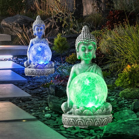 Lampe solaire LED figure de Bouddha avec boule de verre craquelée  décoration terrasse jardin, changement de