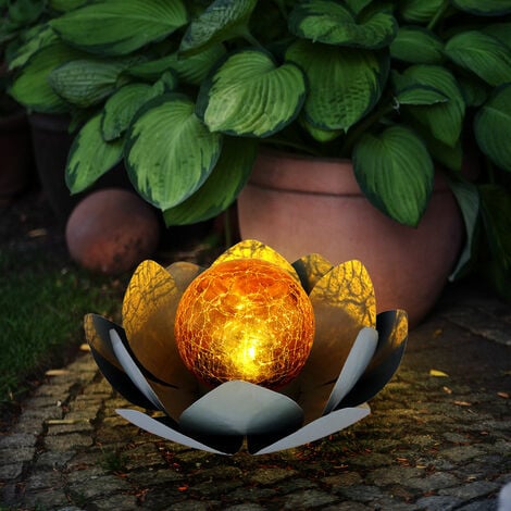 Asie jardin fleur de lotus décoration fleur de lotus solaire pour extérieur  jardin lumière décoration lumières, verre craquelé métal feuilles gris, 1x  LED, D 25 cm, lot de 3