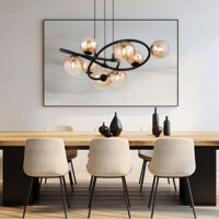 Suspension 8 flammes LED suspension lampe de table à manger lampe de salon rétro, noir, boules de verre ambré, 8x 3,5W 8x 350lm blanc chaud, DxH 65 x 120 cm