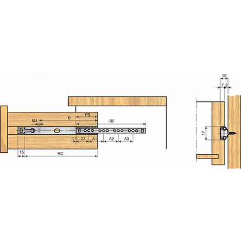Coulisse à billes hauteur 17 - indaux - Longueur : 182 mm - Pour tiroir de longueur : 270 à 310 mm - ITAR