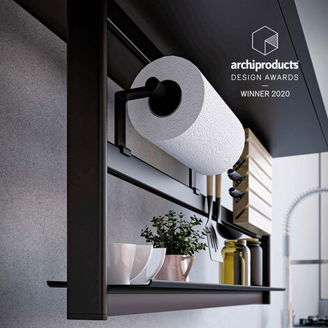 Dérouleur pour étagère Hang – Aluminium noir – Hauteur 83 mm – Largeur 285 mm – Profondeur 83 mm – Fixation murale