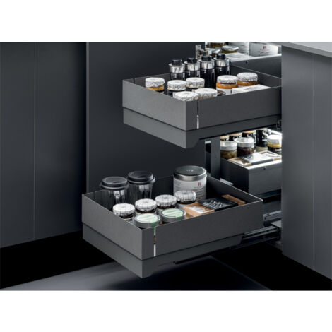 Ferrure d'angle fly box porte 450 – 2 étagères réversibles – Capacité 25 kg par niveau – Coulisses sortie totale et retour amorti – Vibo