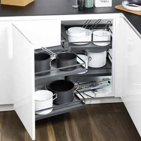 Ferrure d'angle magic corner anthracite – Système coulissant avec 2 corbeilles 295x470mm et 390x470mm – Charge 32kg – Kesseböhmer
