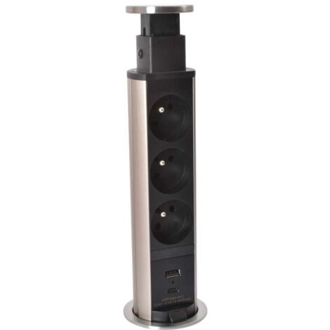 Legrand – Bloc prise encastrable tower 60 – 3 prises secteur + 1 USB A+C – Décor inox – Diamètre 60 mm – Protection IP20 pour usage intérieur