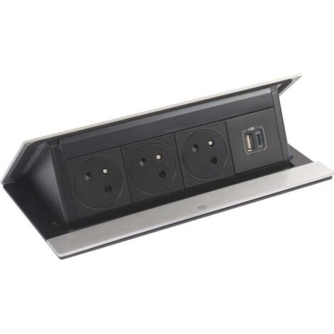 Legrand – Bloc prise encastrable pop up automatique – 3 prises secteur + 1 USB A+C – Longueur 235.6 mm – Décor alu brossé – Installation facile sur bois, marbre, granit