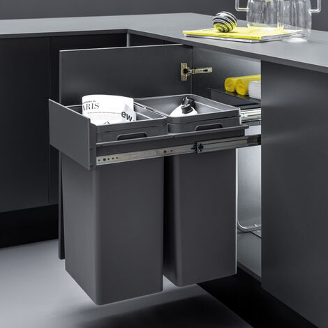Poubelle coulissante 56 L – 2 seaux de 28 L – Décor anthracite – Hauteur 562 mm – Largeur 337 mm – Polypropylène pour espaces confinés – Vibo