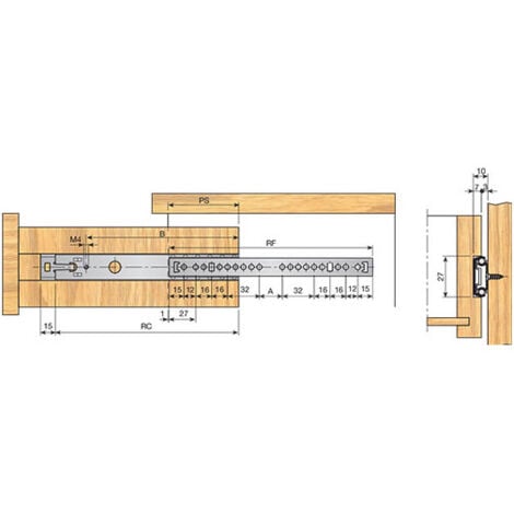 Coulisse à billes hauteur 27 - indaux - B : 215 mm - Pour tiroir de longueur : 400 mm - PS : 71 mm - RC : 246 mm - RF : 246 mm - INDAUX