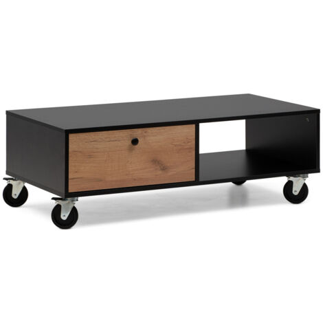 Mesa de Centro 110x55x38 negro y roble, con cajón, balda abierta y ruedas industriales (1/5)