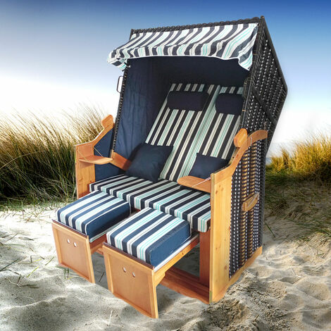 blanc/anthracite raillé chaise longue de jardin Strandkorb trés confortable BRAST Corbeille de plage mer Baltique DELUXE 165x120x90cm 2 places en osier /bois imperméable housse 