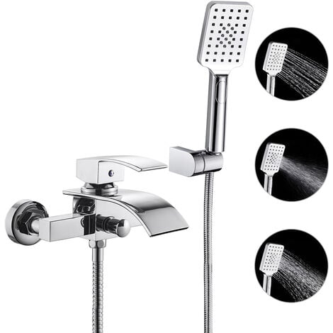 WOOHSE Robinet de Douche Cascade Mitigeur de Bain Carré avec Douche à Main  3 Jets au Choix Robinetterie Baignoire avec Support Mural de Douchette pour  Salle de Bains en Laiton Chromé