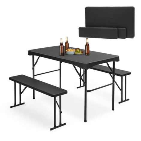 Ensemble de tente à bière pliable en plastique  Ensemble de table à manger 110 cm avec 2 bancs pour 4 personnes  Ensemble de chapiteau pour l'intérieur et l'extérieur, noir (1/5)