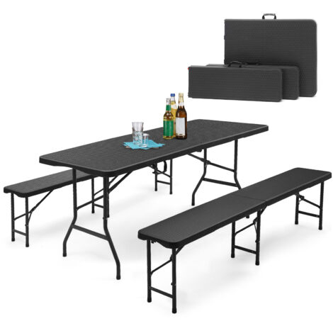 Ensemble de tente à bière pliable en plastique  Table + 2 bancs avec poignées de transport  Salon de jardin  Chapiteau de 180 cm  Table à bière pour le jardin, noire - rotin (1/5)