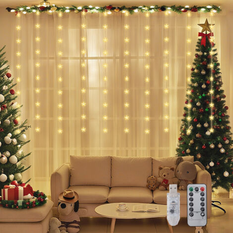 Guirlande Lumineuse Rideau D'étoiles LED 50 Lumières - 2x1m, Télécommande, 8 Modes, Dimmable, USB, Blanc Chaud