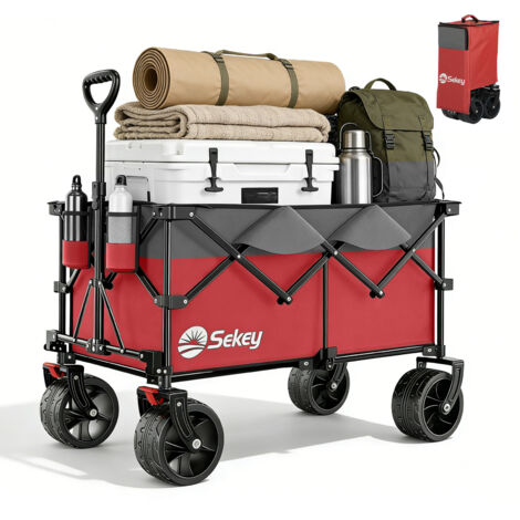 Sekey Chariot pliant XXL 200L - Bollerwagen robuste 200 kg avec roues tout-terrain larges, montage instantané 4 directions - Rouge