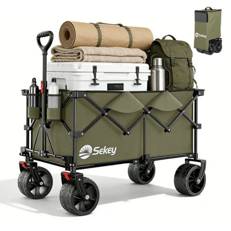 Sekey Chariot pliant XXL 200L - Bollerwagen robuste 200 kg avec roues tout-terrain larges, montage instantané 4 directions - Vert olive
