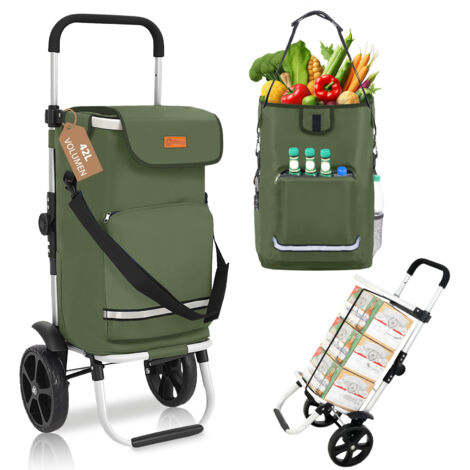 Sekey Chariot de courses 3-en-1 pliable en aluminium – sac imperméable avec compartiment isotherme – 2 roues – 42 L – charge max. 35 kg – vert