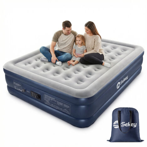 Sekey matelas gonflable 2 places avec pompe intégrée, surface floquée douce, hauteur confortable 46 cm, lit d’appoint 152 x 203 cm
