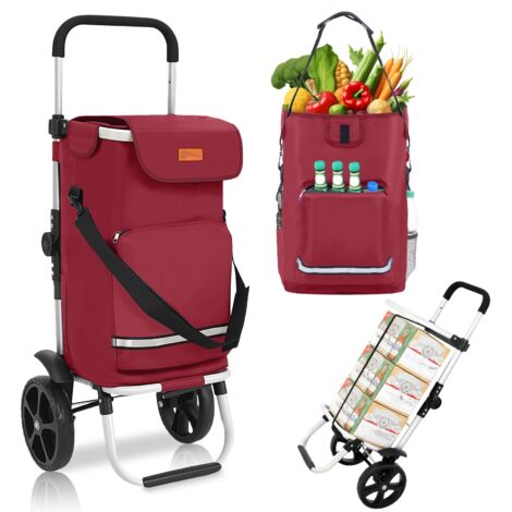 Sekey Chariot de courses 3-en-1 pliable en aluminium – sac imperméable avec compartiment isotherme – 2 roues – 42 L – charge max. 35 kg – rouge
