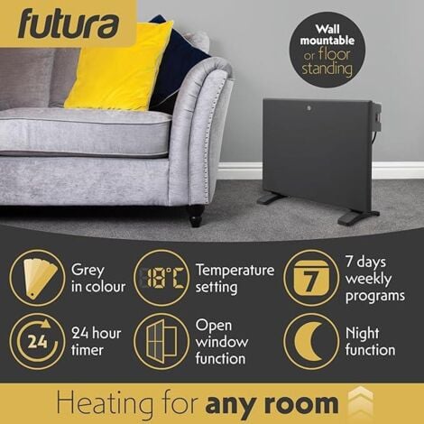 Futura 1000W Electric Heater Wall Mounted Panel Radiator with Thermostat Lot 20 Grey