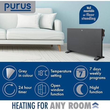 Purus 1200W Electric Heater Wall Mounted Panel Radiator with Thermostat Lot 20 Grey