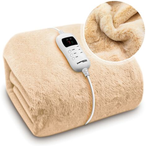 Dreamcatcher Electric Blanket Faux Fur Heated Throw Blanket 160x130cm Machine Washable Thermal & Timer 9 Heat Settings Natural