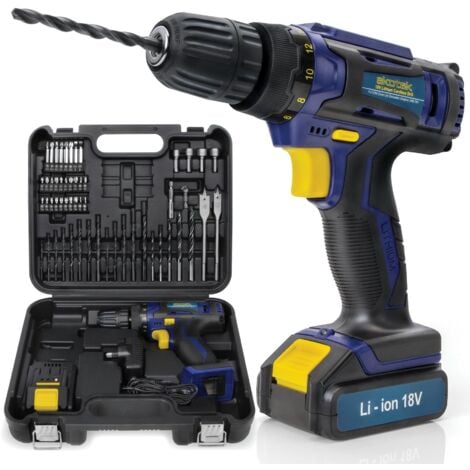Skotek Cordless Combi Drill Driver 18V Li Ion Battery and 54pc Accessory Kit with Charger