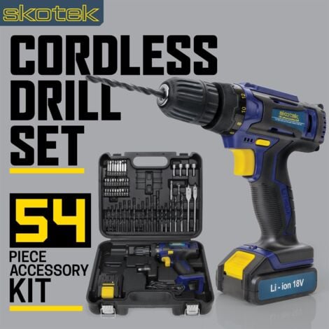 Skotek Cordless Combi Drill Driver 18V Li Ion Battery and 54pc Accessory Kit with Charger