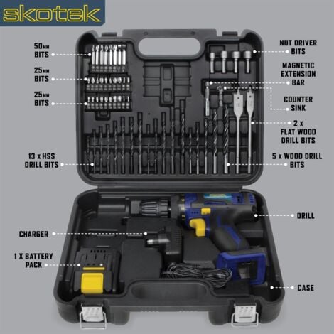 Skotek Cordless Combi Drill Driver 18V Li Ion Battery and 54pc Accessory Kit with Charger