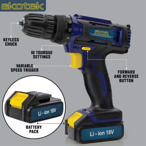 Skotek Cordless Combi Drill Driver 18V Li Ion Battery and 54pc Accessory Kit with Charger