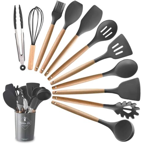 Set Di 11 Utensili Cucina In Silicone Resistenti Al Calore Con Manico In Legno (1/5)