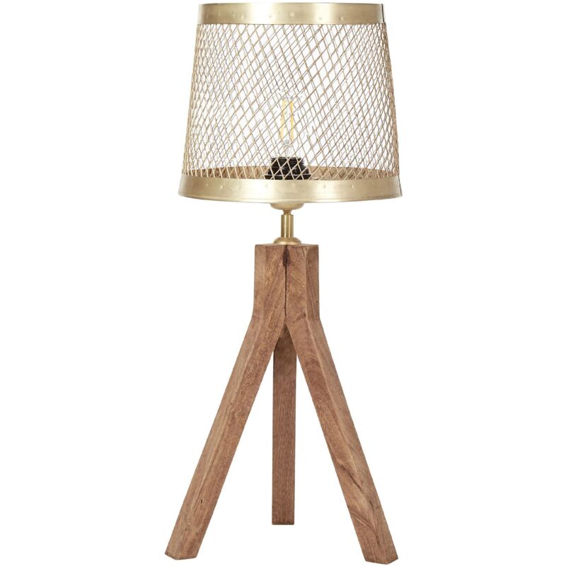 Lampada da tavolo tradizionale da comodino in legno di mango scuro  realizzata a mano con paralume in ottone Beki