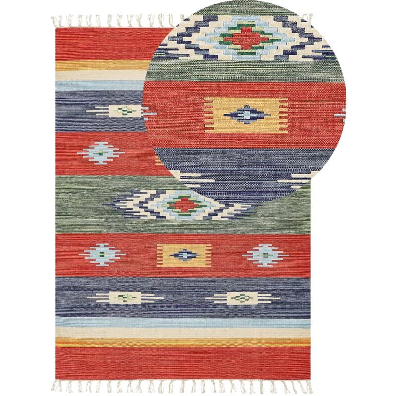 Tappeto Kilim in cotone tessuto a mano reversibile con motivi geometrici e  nappe multicolore 140 x 200 cm Kamaris