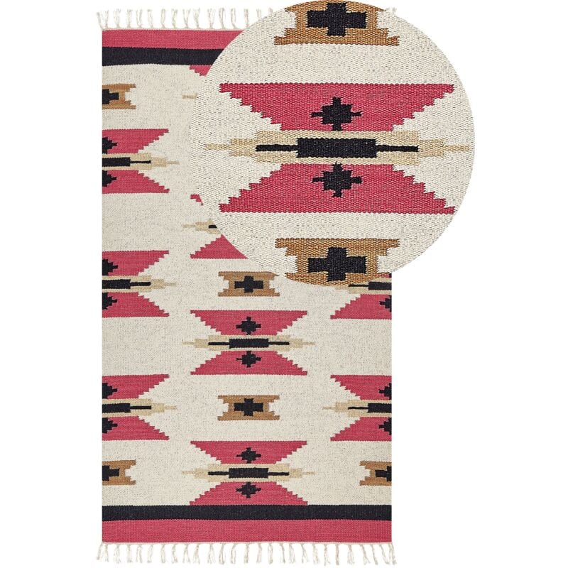 Tappeto Kilim in cotone tessuto a mano reversibile con motivo geometrico e  nappe multicolore 80 x 150 cm Garni