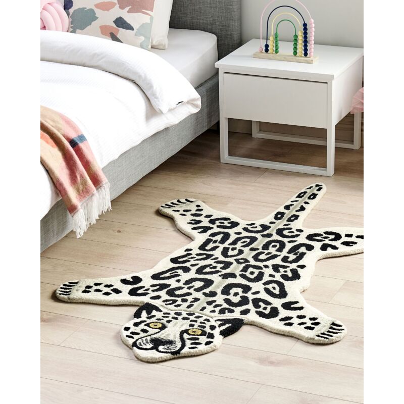Tappeto per bambini in lana per la stanza dei giochi con stampa leopardo  delle nevi 100 x 160 cm con fondo in cotone e intessuto a mano Beige e nero  Mibu