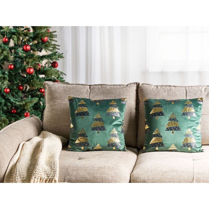Kawani Federe Per Cuscini Natalizie 45x45 Cm: Alberi Di Natale Verde E Beige, Cotone E Lino, 2 Pezzi