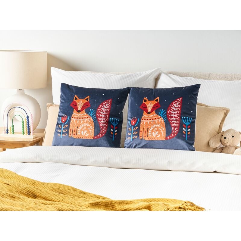 Set di 2 cuscini decorativi in velluto per bambini con copertura rimovibile  e cerniera incorporata Stampa animali volpe blu scuro Firespike