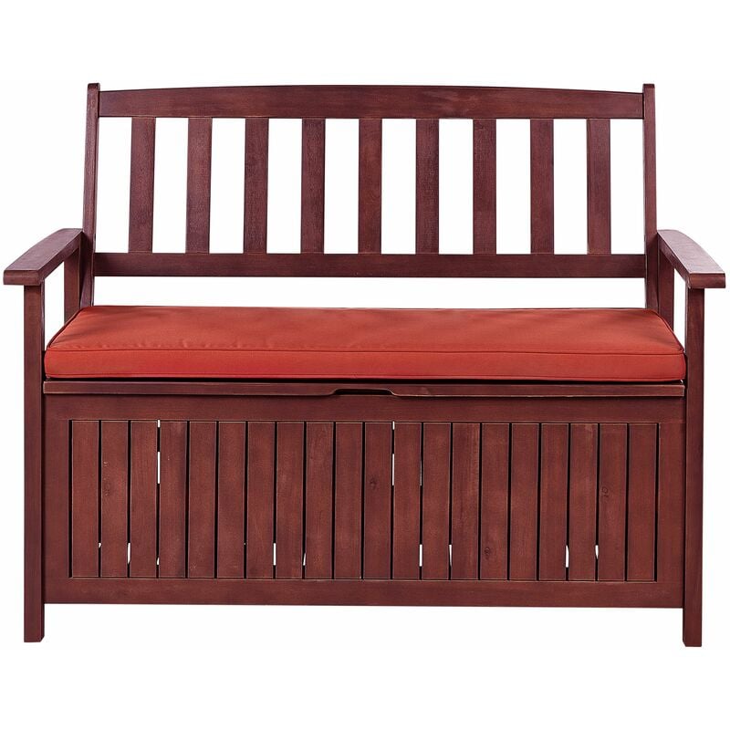 Panca da Giardino con Vano Contenitore in Legno di Acacia Rosso Mogano e  cuscino rosso 120 cm Sovana