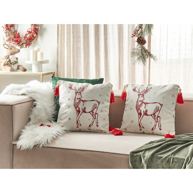 Set di 2 cuscini decorativi Accessori in cotone Motivo natalizio Renna  Nappe 45 x 45 cm Bianco Rosso Vallota